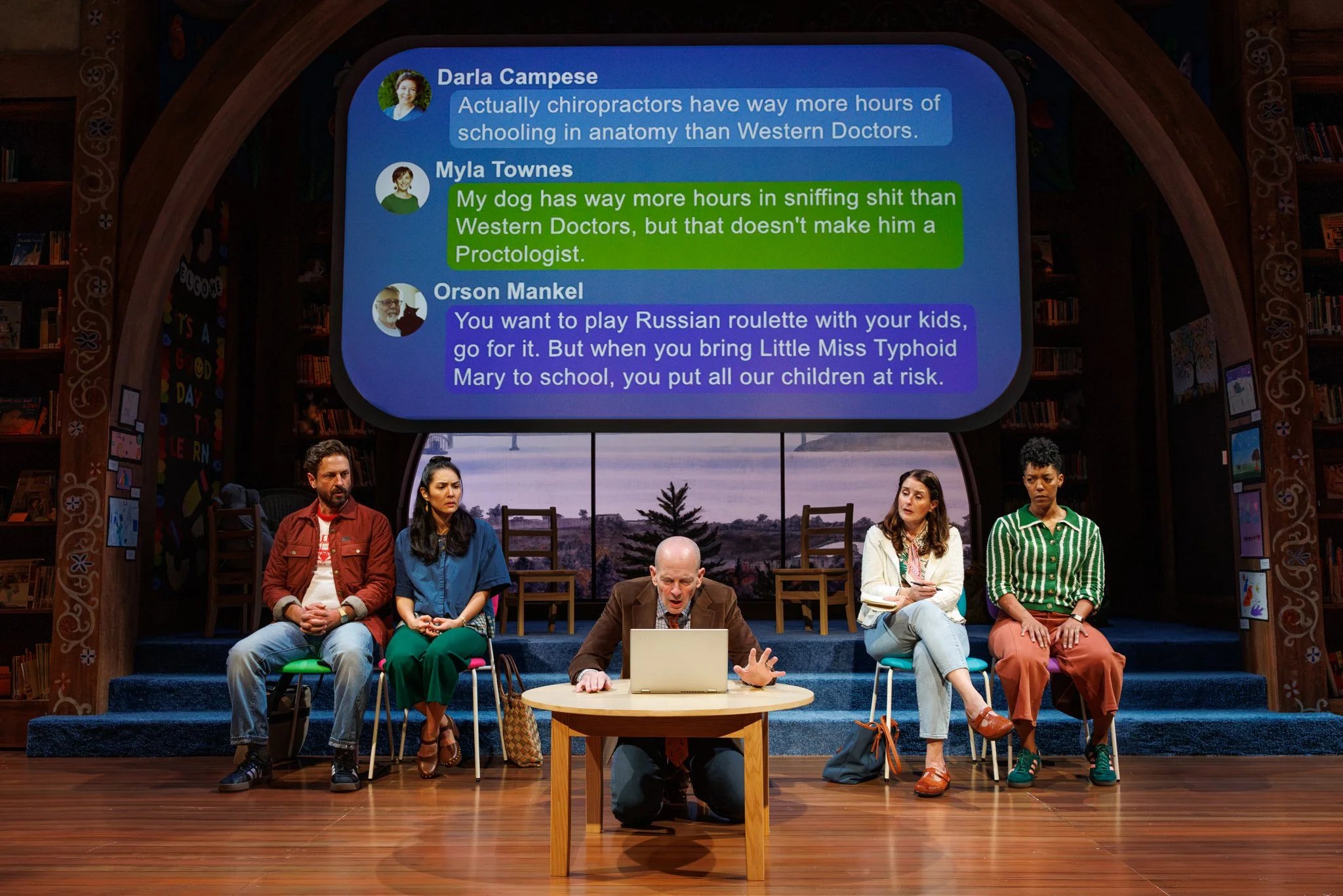 Eureka Day set at Seattle Rep with a large projected group-chat screen